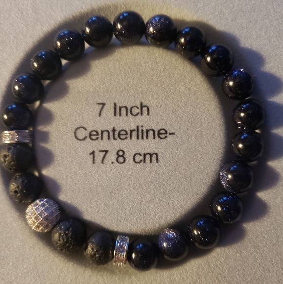 Sparkling Black Goldstone & Lava Rock Handmade Bracelet with Silver Accents. - Picture 9 of 10